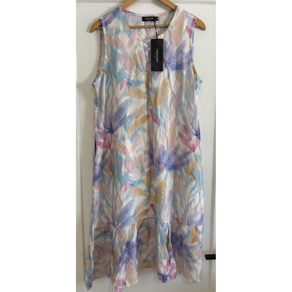 NWT Creation Watercolor Floral Sleeveless Midi Dress Med Pastel Tiered Ruffle